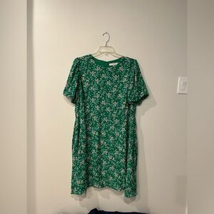 Plus Size LOFT Green Floral Knee-Length A-Line Dress w/ Puff Sleeves - Sz 20